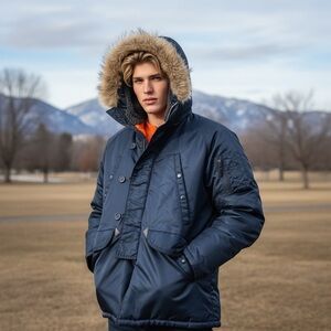 Spiewak Men's Navy Puffer Jacket with Fur Hood
